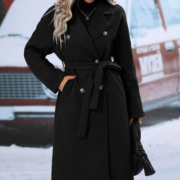 Women's Double Breasted  Lapel Neck Belted jacket Overcoat Black - Picture 6 of 6